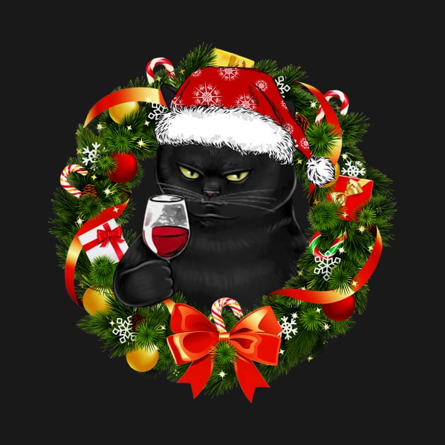 Funny Black Cat And Wine Christmas Wreath Ornament by Magazine