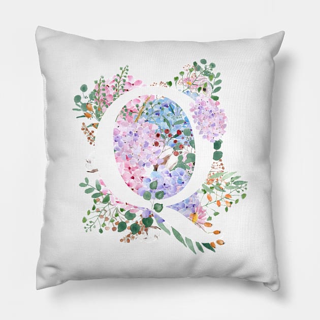 botanical monogram alphabet Q hydrangea flowers Pillow by colorandcolor