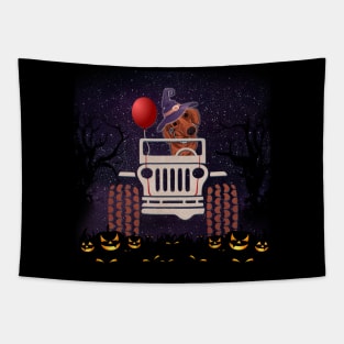 JP Scared Dachshund in The Car Halloween Tapestry