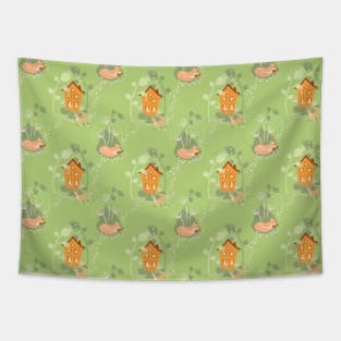 Fox and cottage green and brow Tapestry