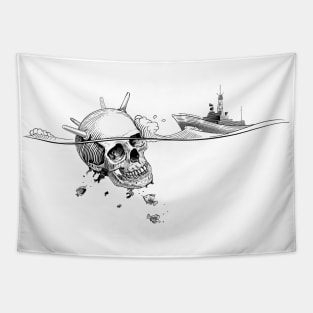 SEA MINE-SKULL AND WARSHIP Tapestry