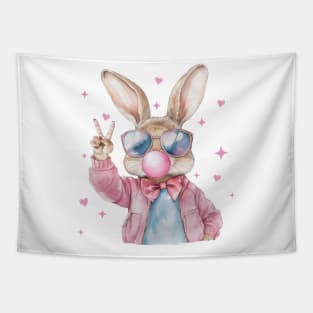 Retro Easter Bunny Blowing Bubble, Vintage Happy Easter, Funny Easter Bunnie Sunglasses Easter Holiday Tapestry