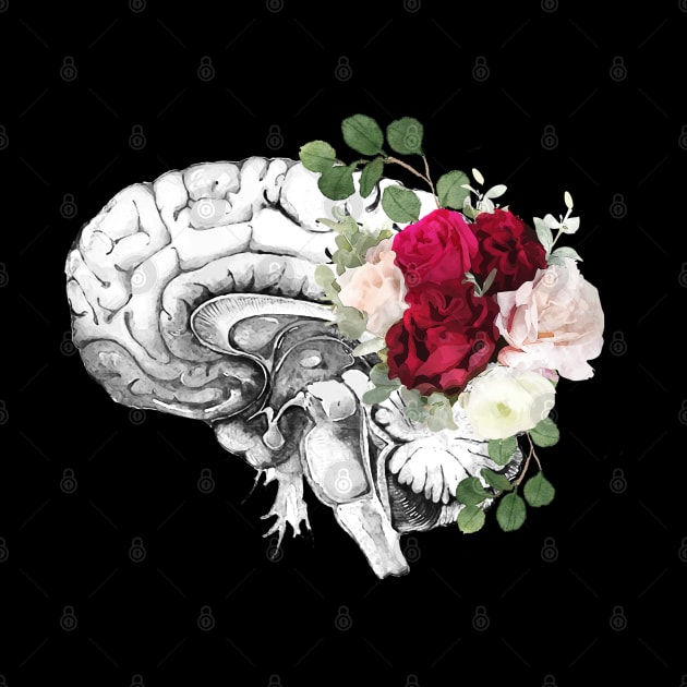 Brain human anatomy, floral, red pink roses, mental by Collagedream