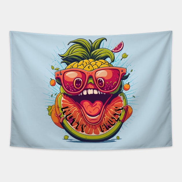 Tropical Bliss: The Nutty Fruity Fusion with a Big Smile Tapestry by AniMilan Design