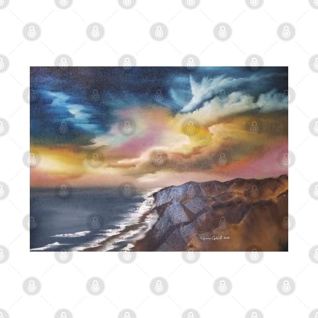 cliff diving, beach scene, skyscape, seascape, expressionistic art, painting, oil painting on canvas, coastal decor, beach house by roxanegabriel