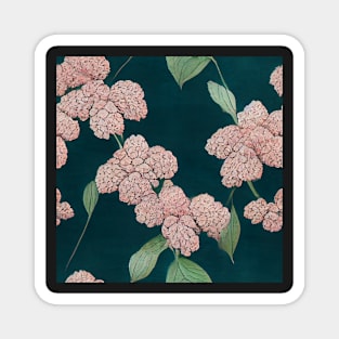 Pink Hydrangeas on Dark Green Floral Chiyogami Pattern Magnet