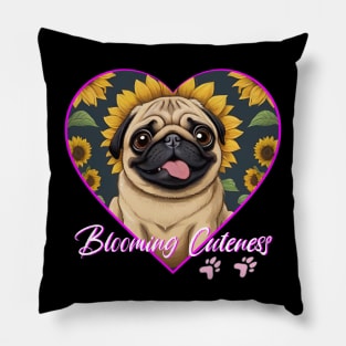 BLOOMING CUTENESS  PUG IN HEART SHAPE WITH SUNFLOWERS Pillow