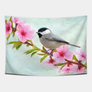 Chickadee and Peach Blossoms Tapestry