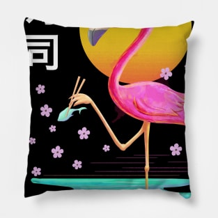 Flamingo Eating Sushi Vaporwave Aesthetic Japanese Kanji Art Pillow