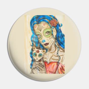 Catrina and her Cat in sepia Pin