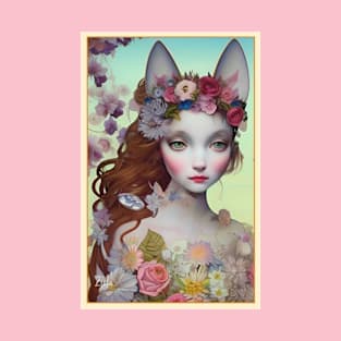 Fantasy art painting of a girl with flowers and ears of a cat T-Shirt