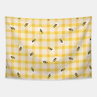 Pastel Yellow Honey Bee Cottage Picnic Gingham Pattern Tapestry