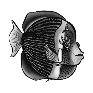 Cute Fish With Eyelashes Black And White Digital Ink T-Shirt