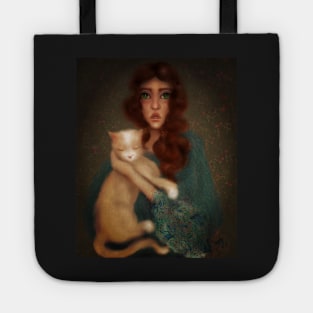 Vintage photo turned into lowbrow manga style digital art of young witchy aesthetic woman holding ginger cat Tote