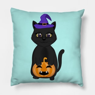 cute black cat and pumpkin halloween Pillow