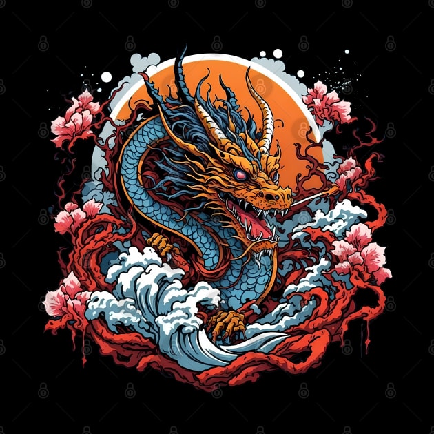 Dragon against the backdrop of a setting sun bathed in ocean waves by T-Shirt Paradise