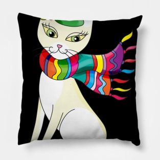 white decorative cat with a scarf and a hat Pillow