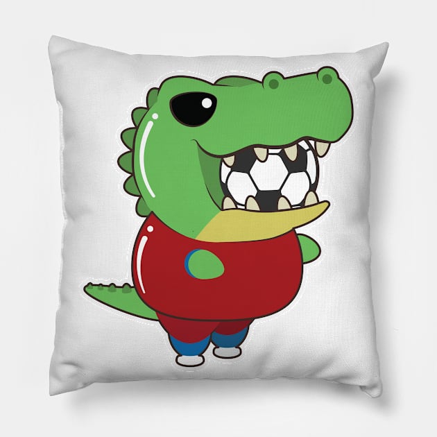 Crocodile as Soccer player with Soccer ball Pillow by Markus Schnabel