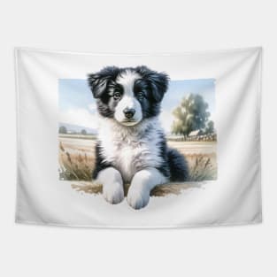 Watercolor Border Collie Puppies Painting - Cute Puppy Tapestry