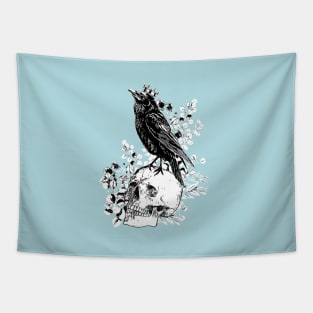 Black raven with skull and crow, skeleton eucaliptus leaves, black and white Tapestry