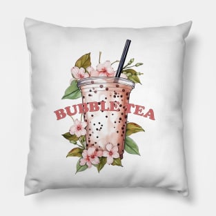 BUBBLE TEA - boba tea - flowers and green leafs Pillow