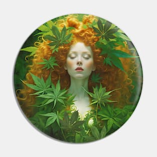 Pre-Raphaelite Redhead With Cannabis Leaves Pin