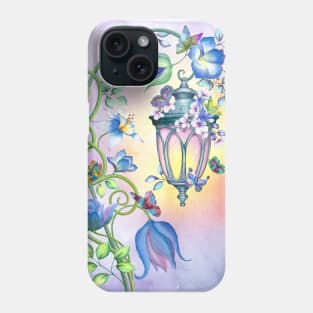 Magic streetlight with flowers and butterflies decoration. Fairy spring garden watercolor illustration. Colorful romantic scenery Phone Case