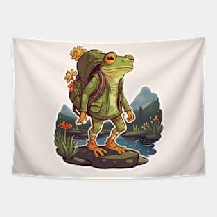 Frog traveler hiking with backpack Tapestry