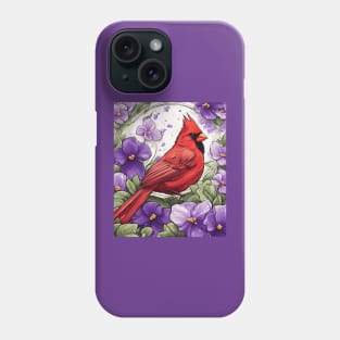 Cardinal Bird Surrounded By Violet Viola Flower Border Phone Case