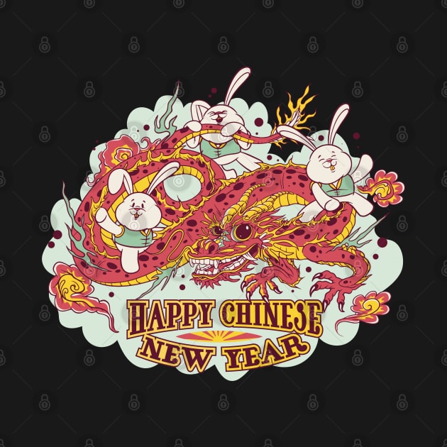 three cartoon bunnies riding on a Chinese dragon, and the title Happy Chinese new year by AbirAbd