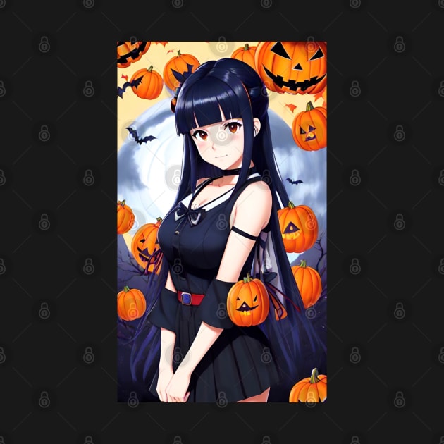 Kawaii Anime Girl Looking Cute With Halloween Pumpkin by SanTees