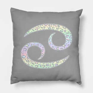 Cancer Zodiac Horoscope Symbol in Pastel Rainbow Leopard Print Pillow