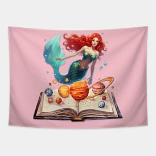 Mermaid reading book on magical planets Tapestry