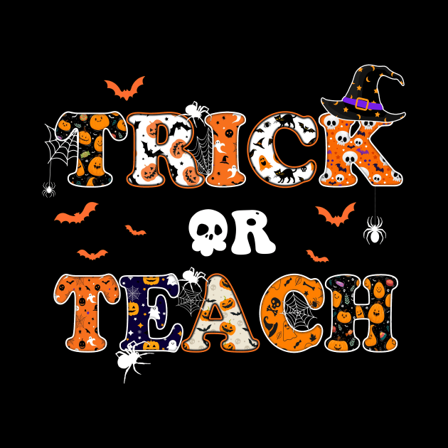 Retro Vintage Groovy Trick Or Teach Funny Halloween Costume T-Shirt by Kelley Clothing