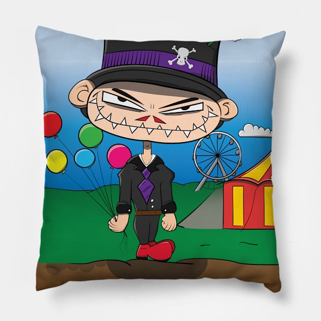 Scary Circus Clown with Balloons Cartoon Pillow by Dad n Son Designs