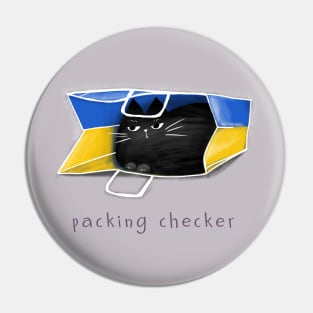 Cartoon black cat in the package and the inscription "Packing Checker". Pin