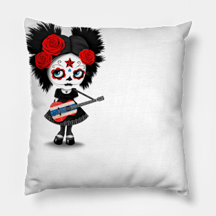 Sugar Skull Girl Playing Thai Flag Guitar Pillow