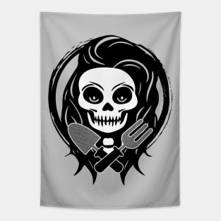 Female Gardener Skull and Garden Tools Black Logo Tapestry