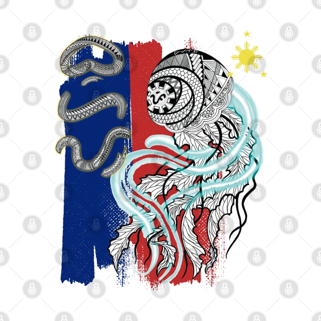 Philippine Flag-Tribal line Art Jellyfish / Baybayin word Buhay (Life) by Pirma Pinas