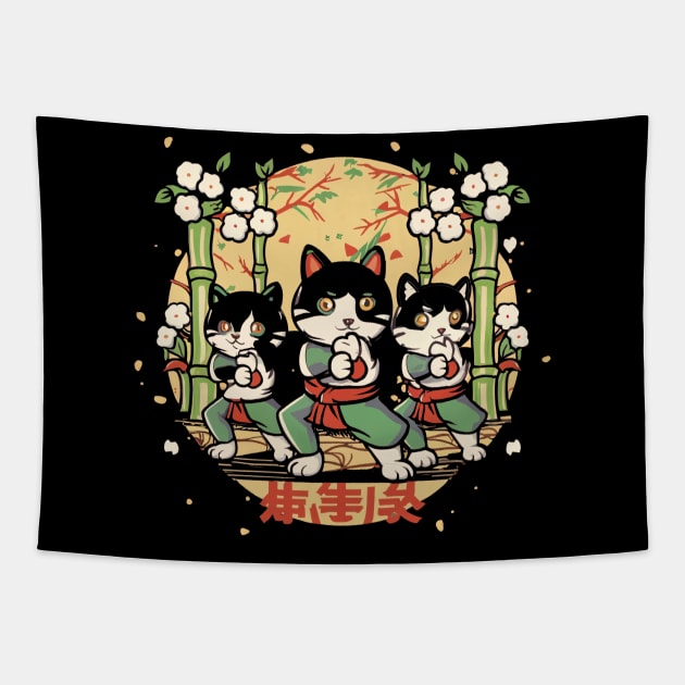 Kung Fu Kitten Clan, Chinese Cartoon Style Tapestry by SimpliPrinter