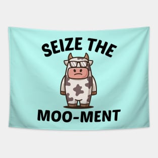 Seize The Moo-Ment - Cute Cow Pun Tapestry