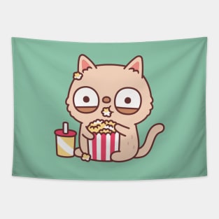 Funny Cream Cat Eating Popcorn Tapestry