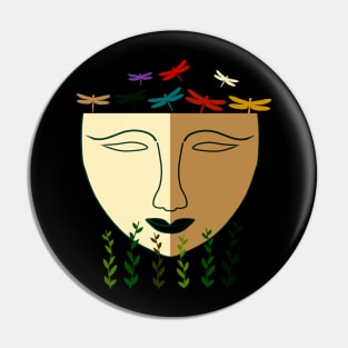 Abstract shape art with plants, dragonflies and face in earth tones Pin