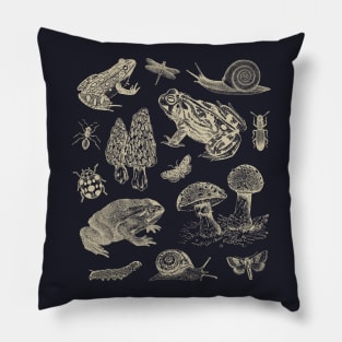 Goblincore Vintage Nature, Frogs, Snails, Moths, and Mushrooms Pillow