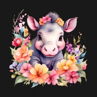A baby hippo decorated with beautiful watercolor flowers T-Shirt
