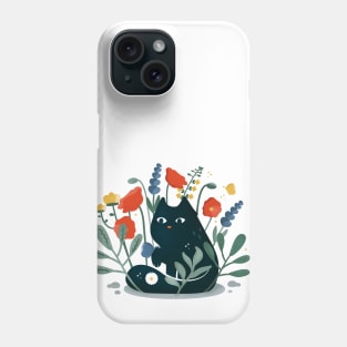 Black cat in the garden with flowers Phone Case