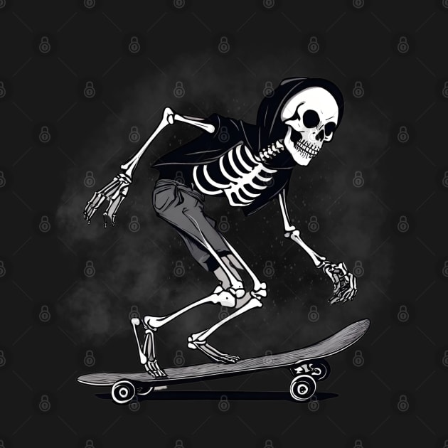 hooligan skeleton riding on a skateboard by in leggings