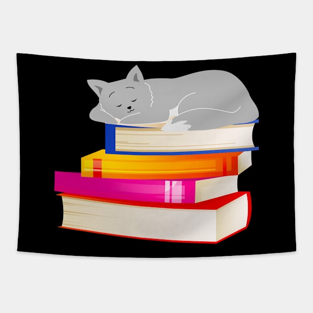 Cat sleeping on Books Reading Cat Lover Tapestry by Foxxy Merch