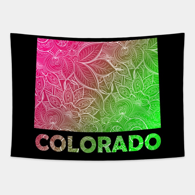 Colorful mandala art map of Colorado with text in pink and green Tapestry by Happy Citizen