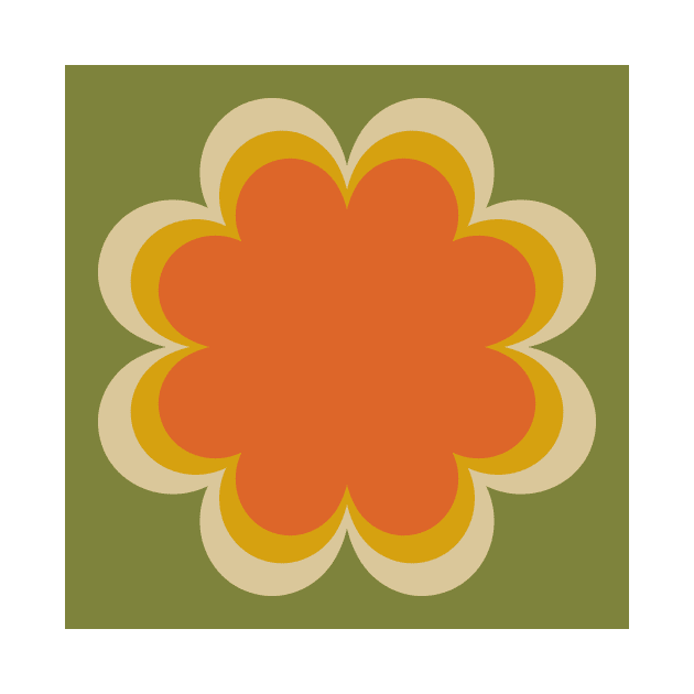 Green, orange, yellow, Linen textured scandi flower by Kimmygowland